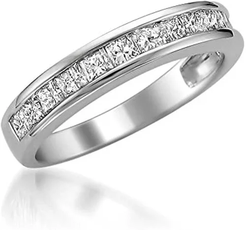 Miniatura 2 de Anillo de boda con diamantes naturales de oro blanco de Nueva York con corte princesa (1 quilates, G-H, VS2)
