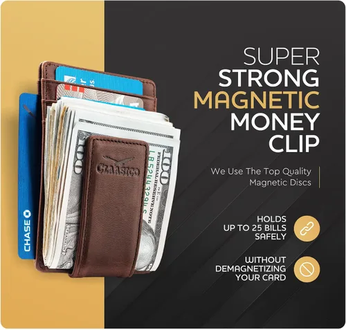 Miniatura 3 de Billetera de cuero con clip para dinero, bolsillo frontal delgado, bloqueo RFID con imán súper fuerte