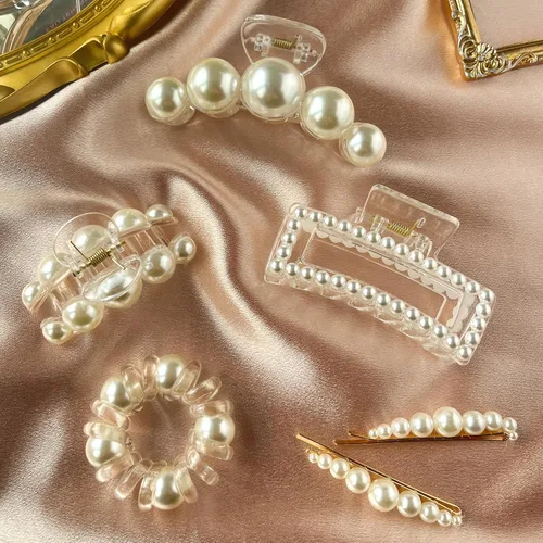 Miniatura 7 de GQLV Accesorios para el cabello de perlas para mujeres/niñas, 6 pinzas de pelo grandes, pasadores decorativos antideslizantes, lazos en espiral