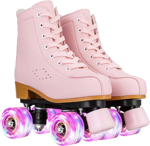 YYW Patines para niñas y mujeres, fantásticos patines de piel sintética rosa y morado con luz para niños y jóvenes, para interiores y exteriores