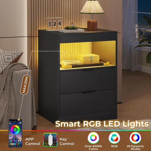 Miniatura 5 de ADORNEVE Mesita de noche LED negra con estación de carga inalámbrica, 2 cajones, moderna mesa auxiliar de dormitorio con luces LED, mesa de noche