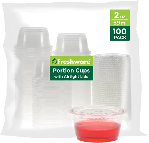Miniatura 11 de Freshware Vasos de Plástico para Porciones con Tapas [1 Onza, 100 Juegos] Vasos de Plástico Desechables para Preparación de Comidas, Aderezo