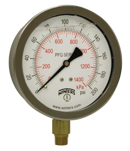 Winters 4 "Tamaño del dial, Medidor de presión industrial lleno de líquido, internos de latón, caja de acero inoxidable 304, doble escala 0-200