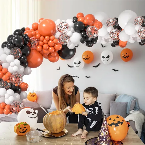 Miniatura 5 de Kit de arco de globos de color negro, blanco y naranja, guirnalda de globos de confeti de 18, 12, 10, 5 pulgadas, para Halloween, cumpleaños
