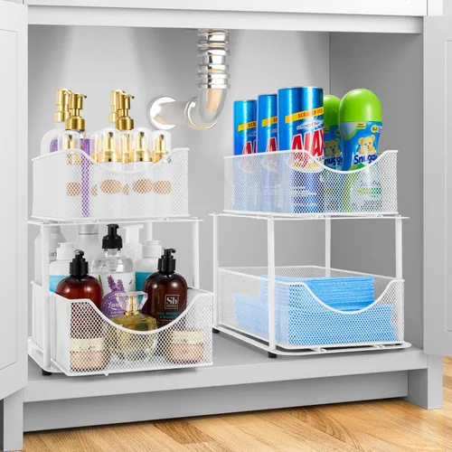 Miniatura 2 de Sorbus Organizadores y almacenamiento de baño de 2 niveles para debajo del fregadero, cajones deslizantes de malla de acero fuerte para un mejor