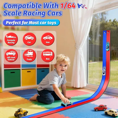 Miniatura 4 de Pista de carreras de doble carril con ventosas, pista de carreras flexible portátil enrollable, ventosas fundidas a presión 1/64 para edades de 3