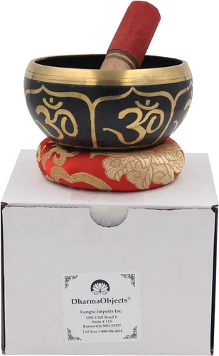 Miniatura 5 de DharmaObjects Mediano ~ Juego de cuencos cantantes hindú OM ~ con mazo, cojín de brocado y bolsa de transporte ~ para meditación, curación