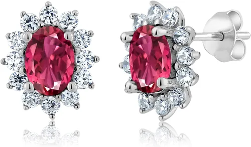Miniatura 294 de Gem Stone King Aretes ovalados de plata de ley 925 de 0.276 x 0.197 in con piedra natal de la princesa Diana, estilo halo real para mujeres