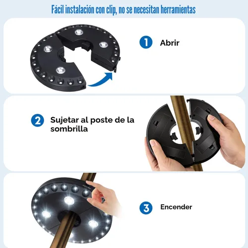 Miniatura 5 de Parasol de sombrilla para patio, luces 3 en modo brillo e inalámbrico, 28 luces LED en 220 Lux. 4 x AA baterías de función, sombrilla con pértiga