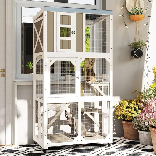 Miniatura 6 de Ketive Catio grande de madera para exteriores de 64", casa para gatos de ventana con ruedas y 3 plataformas, jaula para gatitos con techo resistente