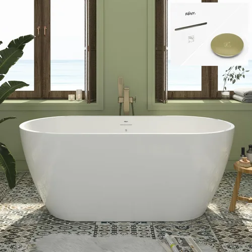 Miniatura 26 de FerdY 59" Bañera de acrílico independiente Bali Elite, bañera independiente de inmersión con forma elegante, certificada cUPC, desagüe negro Toe-Tap