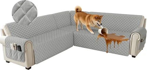 Miniatura 18 de Fundas impermeables para sofá seccional de esquina en forma de L, de terciopelo, juego de 6 piezas, funda en forma de U para sofá, para perros