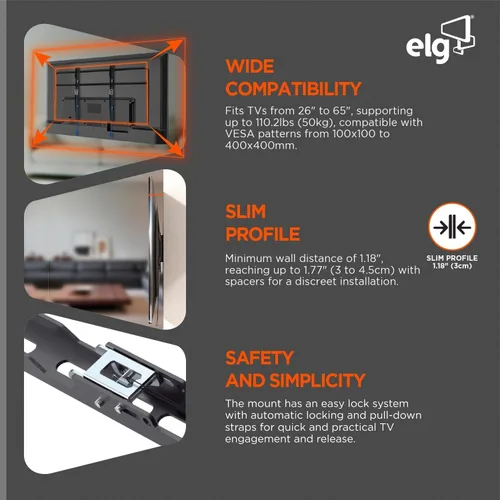 Miniatura 4 de ELG Soporte fijo de pared para TV de perfil bajo para pantallas planas de 26 a 65 pulgadas, máximo 110.2 libras, sistema de bloqueo automático
