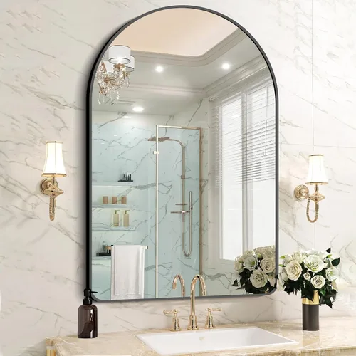 Miniatura 27 de FORBATH Espejo de baño arqueado de 16 x 24 pulgadas, espejo de baño negro montado en la pared, moderno marco de aleación de aluminio, espejo de arco