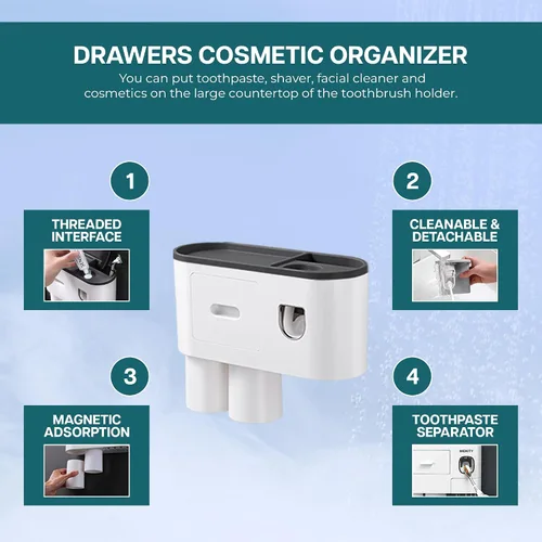 Miniatura 4 de Soporte para cepillo de dientes para baño, 2 tazas, montado en la pared con dispensador automático de pasta de dientes, bandeja de gran capacidad