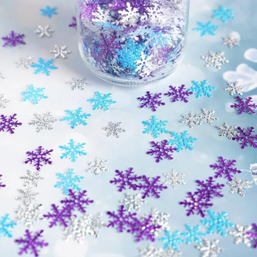 Miniatura 6 de Decoraciones de confeti de copo de nieve de Navidad, 1200 unidades, confeti morado, azul, plateado, paquete de fiesta de nieve para Navidad