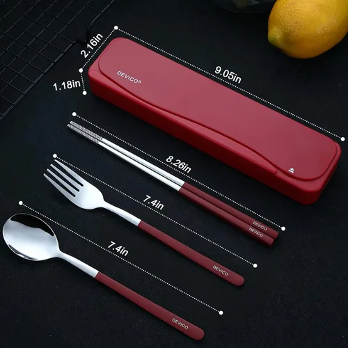 Miniatura 3 de DEVICO Utensilios de viaje, juego de cubiertos de acero inoxidable 18/8, 4 piezas, juego portátil y reutilizable para camping, incluye tenedor, Rojo