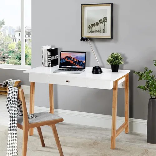 Miniatura 9 de COSTWAY Escritorio para computadora de 42 pulgadas con cajón de almacenamiento, moderna mesa de estudio de escritura en casa con patas de madera