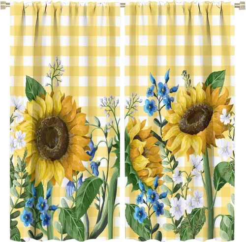 Miniatura 11 de Cortinas opacas con diseño de girasol, rústico, con diseño de girasol, mariposa, verde, amarillo, negro, para niñas, mujeres, dormitorio, sala