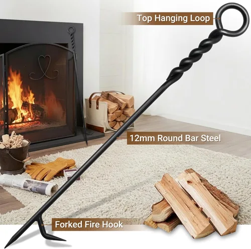 Miniatura 4 de Póquer de fuego de 40 pulgadas para hoguera, diseño de cuerda trenzada, póker de chimenea resistente, póquer de hierro forjado de una pieza
