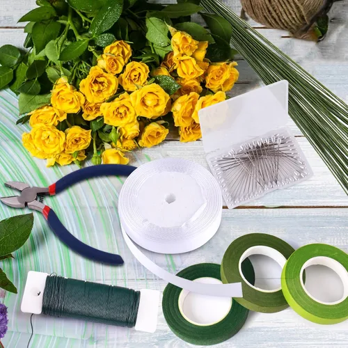 Miniatura 7 de GLAMFIELDS Cinta Floral y Alambre Floral, Kit de Arreglos Florales con Cinta Floral Verde para Ramos, Alfiler de Boutonniere, Cinta Blanca, Cortador