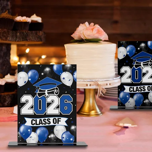 Miniatura 6 de LINGTEER Class of 2026 - Soporte de mesa acrílico con globos azules de graduación para póster, paquete de 2 decoraciones de fiesta de felicitaciones