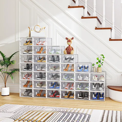 Miniatura 13 de Paquete de 6 cajas de zapatos apilables de plástico transparente, cajas organizadoras de zapatos con tapas para tenis, estuche para zapatos hasta