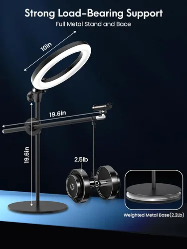 Miniatura 5 de Luz de anillo para selfie con soporte y soporte para teléfono, soporte de teléfono aéreo con luces de anillo de 10.5", luz circular de escritorio