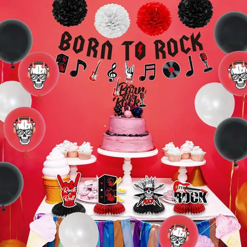 Miniatura 6 de Crenics Decoraciones de Fiesta de Cumpleaños Rock and Roll - Telón de Fondo de Feliz Cumpleaños, Pancarta Born to Rock, Remolinos, Panal de Abeja