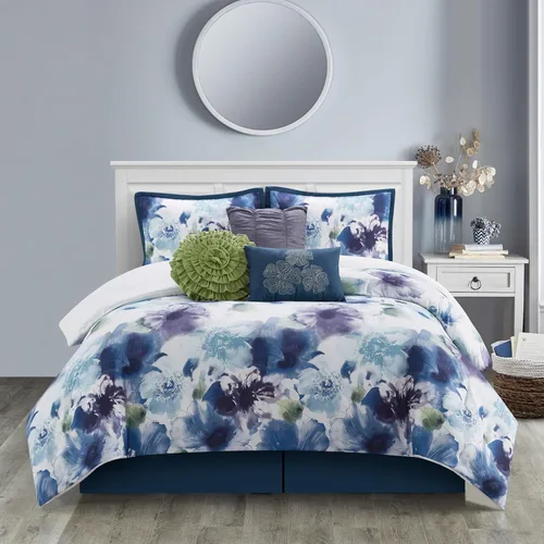 Miniatura 8 de Grand Avenue Juego de edredón de 7 piezas, tamaño California King, edredón con estampado floral, juego de ropa de cama suave a la moda, falda