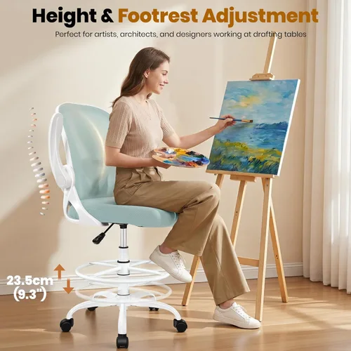 Miniatura 6 de Primy Silla de Dibujo Silla Alta de Oficina con Reposabrazos Abatibles Silla Ejecutiva Ergonómica de Computadora para Escritorio de Pie con Soporte