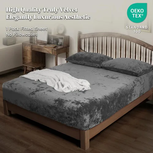 Miniatura 2 de PHF Sábana bajera de terciopelo Truly Velvet tamaño Queen, lujosa sábana inferior de forro polar supersuave y acogedora con bolsillo profundo de Gris