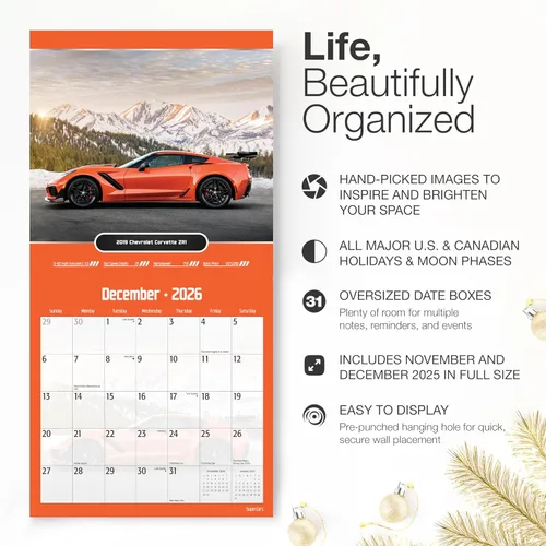 Miniatura 2 de RED EMBER Supercars 2026 - Calendario de pared de 12 meses 12 x 24 pulgadas abierto Papel grueso y resistente Regalo de vacaciones