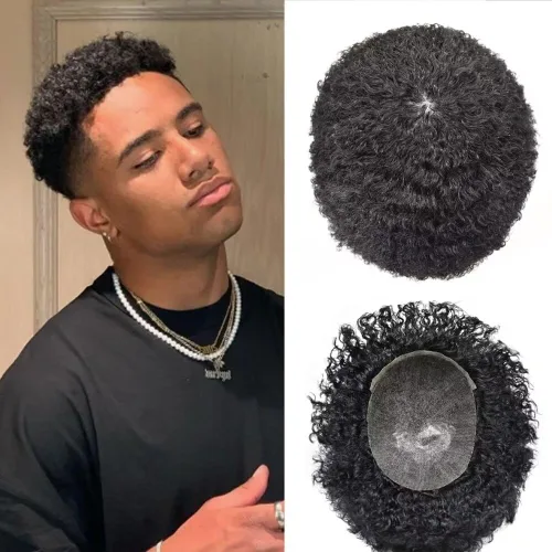 Miniatura 13 de Unidades de cabello para hombres negros Sistema de reemplazo de cabello humano brasileño Afro Coily Kinky Curly Hair Piece Inyección Piel PU Afro