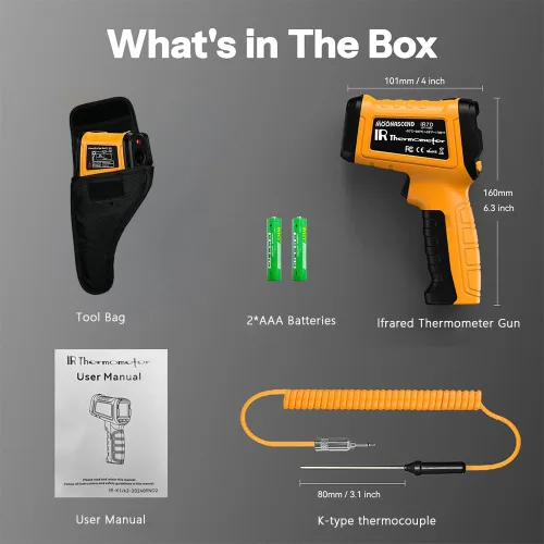Miniatura 7 de Pistola de temperatura de termómetro infrarrojo -58°F a 1796°F, pistolas de temperatura de modo dual 50:1 con termopar tipo K para lecturas 58°F a