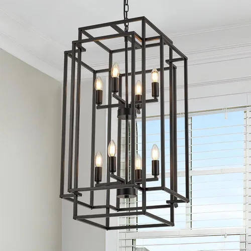 lámpara colgante de farol de 8 luces en forma de escalones, lámpara de araña de granja de metal negro para colgar en vestíbulo de entrada, comedor,