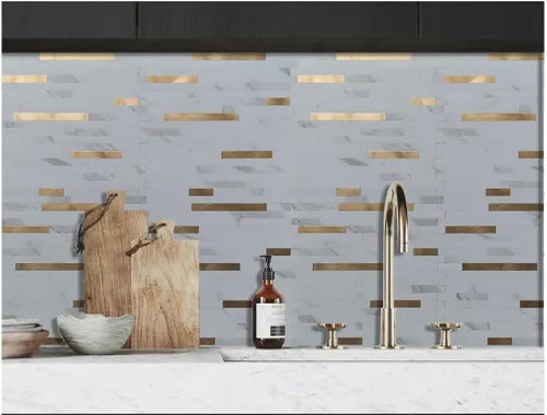 Miniatura 5 de XUANINY Protector contra salpicaduras para cocina y baño, azulejos autoadhesivos de PVC de grano de piedra, adhesivo de pared 3D de metro (10 hojas)