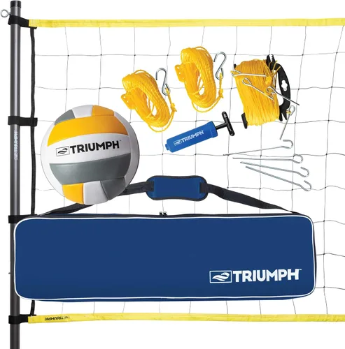 Set de voleibol de competición Triumph – Red de 32 pies de tamaño oficial, postes de acero, voleibol oficial con bomba, líneas de límite y bolsa de