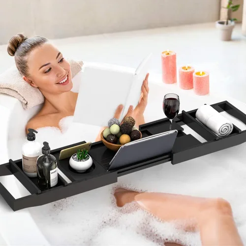 Miniatura 4 de Domax - Bandeja para tina de bambú extensible para baño de lujo, con soporte para libros y jabonera separada, color negro