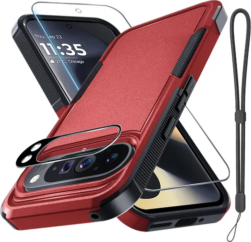 Miniatura 30 de Funda para Google Pixel 10 Pro XL con correa para la muñeca + protector de pantalla de vidrio templado + cubierta para lente de cámara, cuerpo Verde