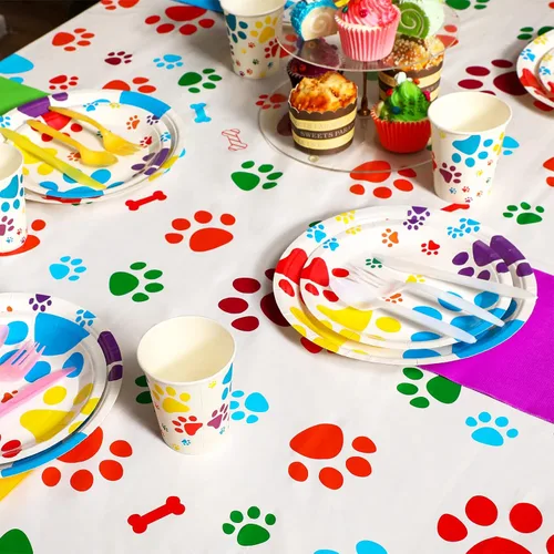 Miniatura 2 de Tegeme Mantel de plástico desechable con estampado de patas de perro de 54 x 108 pulgadas, 3 piezas, decoración de fiesta de cachorros para fiesta