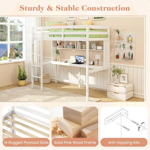 Miniatura 4 de Giantex Cama alta individual con escritorio y estantería, marco de cama alta de madera maciza con barandillas de seguridad y escalera, marco de cama