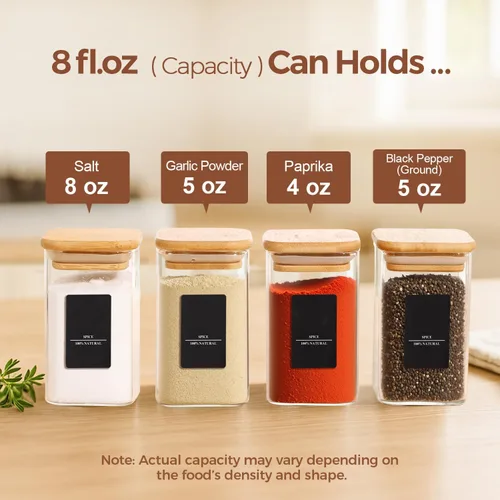 Miniatura 2 de ComSaf 6 piezas de 8 oz de tarros de especias con etiquetas de prueba, juego de tarros de vidrio para especias con tapas de bambú, paquete de prueba