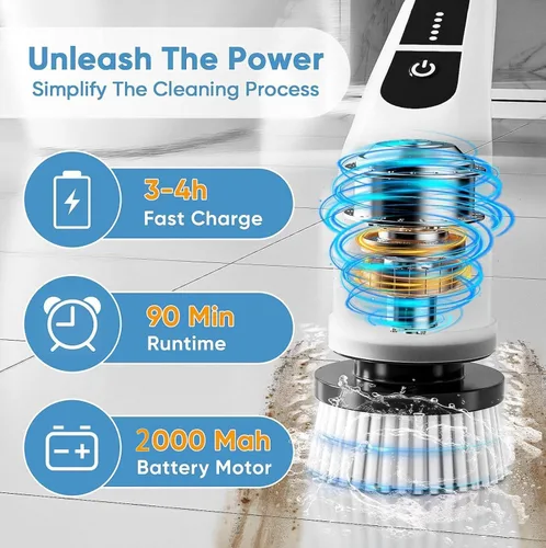 Miniatura 7 de Limpiador eléctrico giratorio, cepillo de limpieza inalámbrico con 9 cabezales de cepillo reemplazables, para bañera y suelo de azulejos de 360