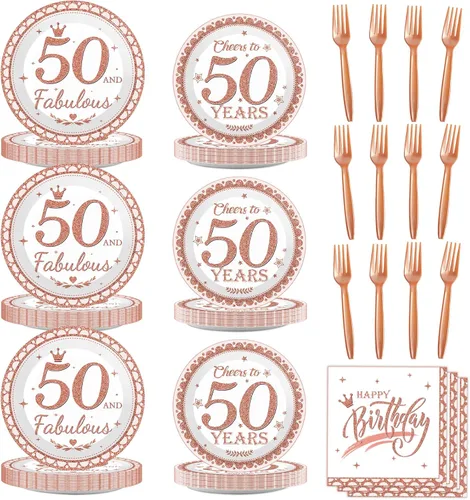 Miniatura 11 de Decoraciones de cumpleaños 70 para mujer, platos y servilletas de feliz cumpleaños 70, suministros de fiesta de oro rosa, vajilla de 70 y fabulosa