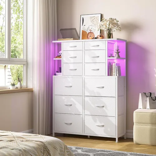 Miniatura 2 de EnHomee Cómoda blanca para dormitorio con luces LED y 12 cajones con 4 estantes abiertos, cómoda de tela y cómoda, marco de metal, 45.2 pulgadas