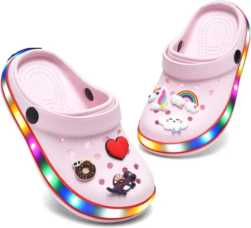 Miniatura 6 de XPKWS Zuecos para niños pequeños, niños y niñas, zapatos de jardín con luces LED, sandalias ligeras con luces, antideslizantes, de secado rápido