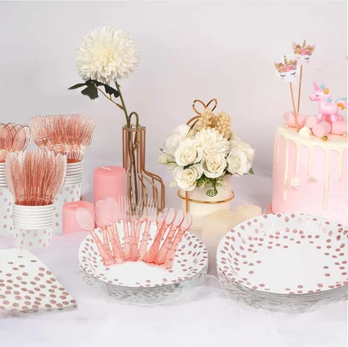 Miniatura 4 de AIRE 175 piezas de platos de papel blancos y dorados para 25 invitados, suministros de fiesta, decoraciones para fiestas, vajilla, platos de papel