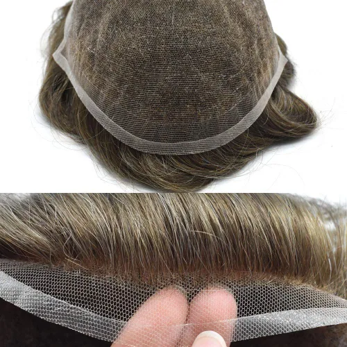 Miniatura 5 de Peluca de repuesto de cabello natural de poliuretano con encaje frontal para hombre (7x9 pulgadas, densidad de luz, 1B40# negro natural con 40% gris)