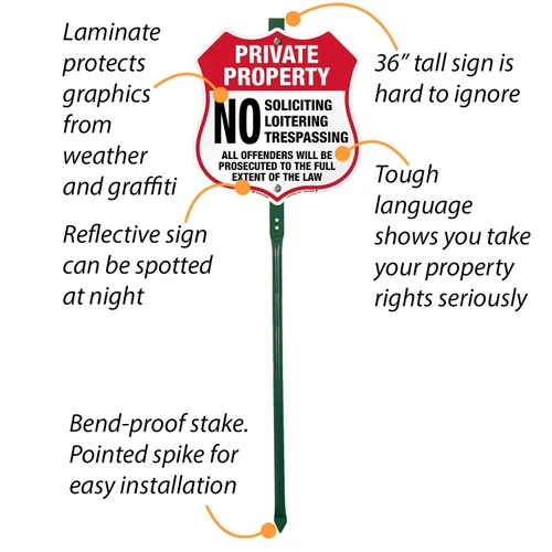 Miniatura 5 de SmartSign 12" x 11.5" Cartel de "Propiedad Privada No Solicitar No Merodear No Traspaso" Señal Octogonal de Patio con Estaca de 3 pies, Aluminio